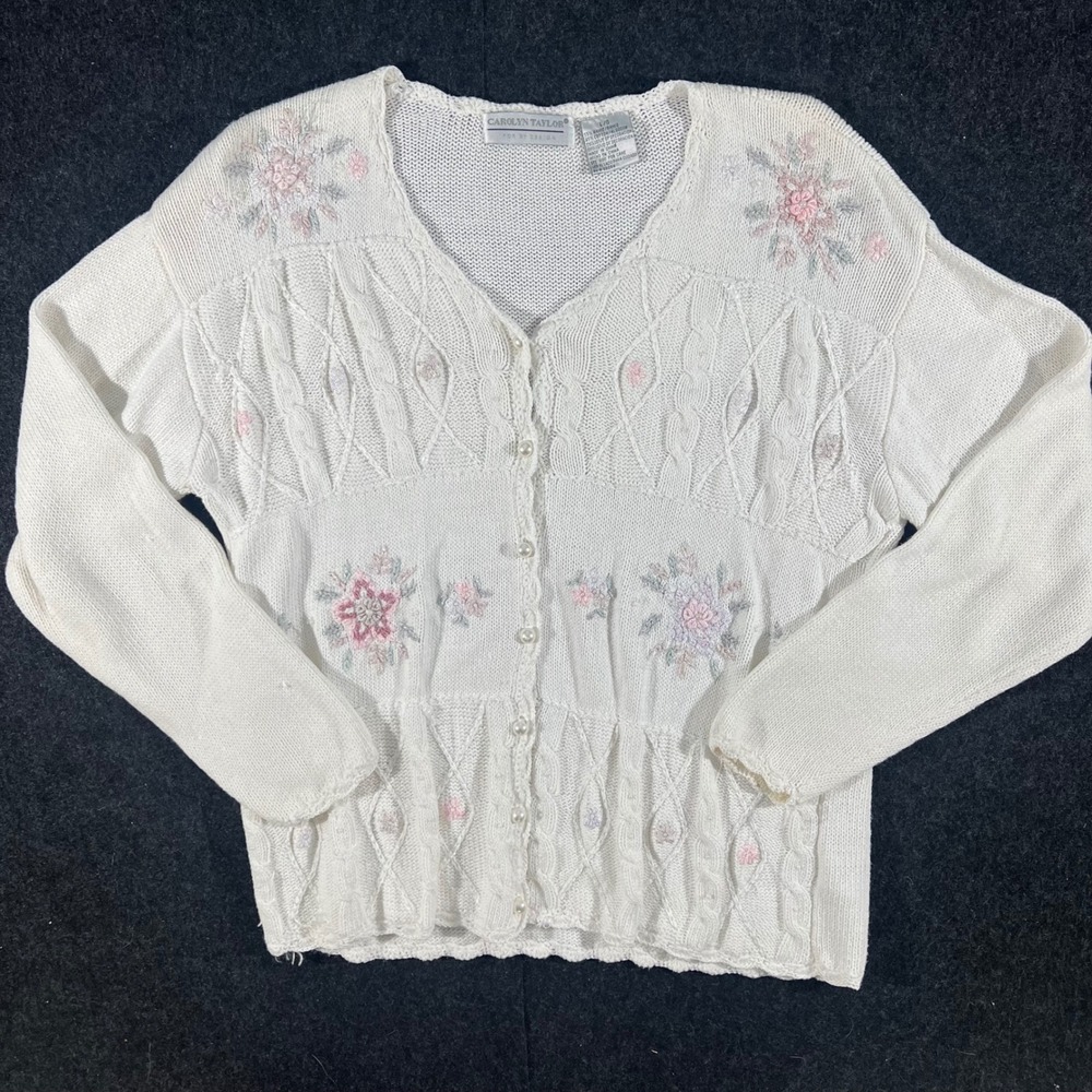 Carolyn Taylor Cardigan Womens Large White Floral Embroidered Pearl Button Knit